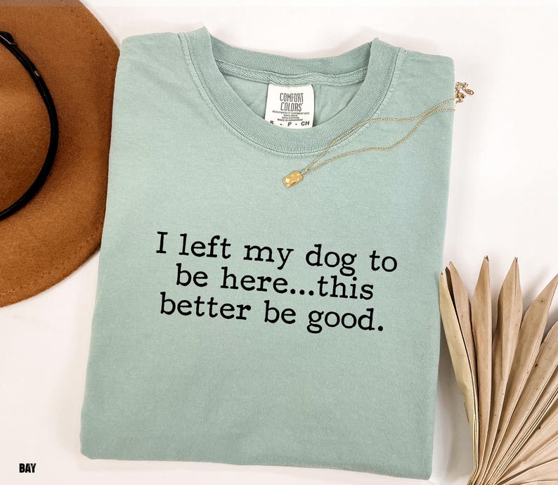 May include: A light green t-shirt with the text "I left my dog to be here...this better be good" in black. A gold necklace and a brown hat are also visible. The shirt is a Comfort Colors brand.