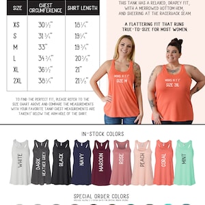Puede incluir: Una tabla de tallas para camisetas sin mangas con medidas de circunferencia de pecho y largo en pulgadas. Incluye una lista de colores en stock como blanco, negro y coral, adem&aacute;s de varios colores bajo pedido en c&iacute;rculos.