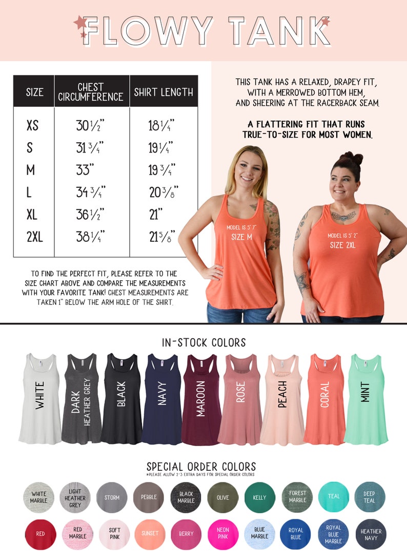 Puede incluir: Una tabla de tallas para camisetas sin mangas con medidas de circunferencia de pecho y largo en pulgadas. Incluye una lista de colores en stock como blanco, negro y coral, adem&aacute;s de varios colores bajo pedido en c&iacute;rculos.