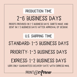 May include: A graphic with text detailing production and shipping times. Production time is 2-6 business days. U.S. shipping options include standard (1-5 business days), priority (1-3 business days), and express (1-2 business days). The Print & Arrow logo is at the bottom.