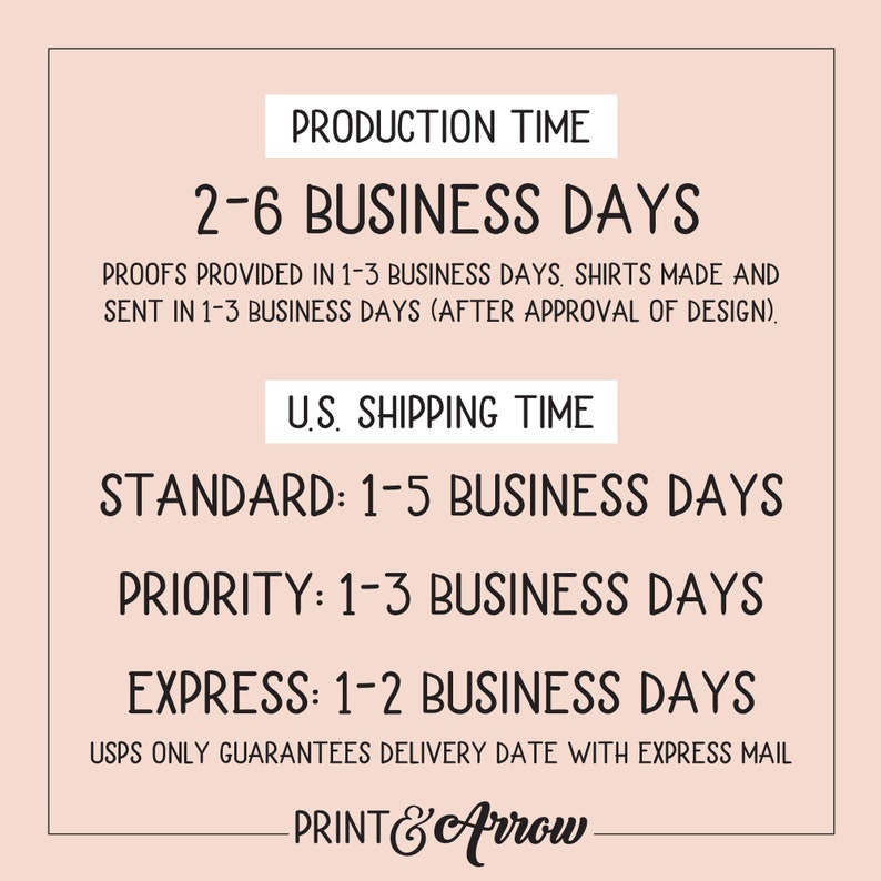 May include: A graphic with text detailing production and shipping times. Production time is 2-6 business days. U.S. shipping options include standard (1-5 business days), priority (1-3 business days), and express (1-2 business days). The Print & Arrow logo is at the bottom.