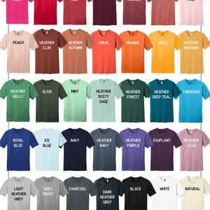 May include: A chart of unisex t-shirt colors with names for each color. The colors include fuchsia frost, red, heather red, maroon, heather maroon, rose, soft pink, peach, heather clay, heather autumn, coral, orange, gold, heather mustard, heather kelly, olive, mint, heather dusty sage, heather forest, heather deep teal, turquoise, royal blue, ice blue, navy, heather navy, heather purple, eggplant, heather lilac, light heather grey, grey frost, charcoal, dark heather grey, black, white, and natural.