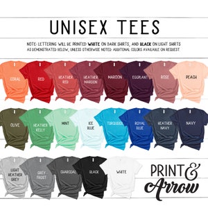 May include: A chart showing various unisex t-shirt colors, including coral, red, heather red, heather maroon, maroon, eggplant, rose, peach, olive, heather kelly, mint, ice blue, turquoise, royal blue, heather navy, navy, light heather grey, grey frost, charcoal, black, and white. The text "UNISEX TEES" is at the top of the chart. The text "PRINT & Arrow" is at the bottom right of the chart.