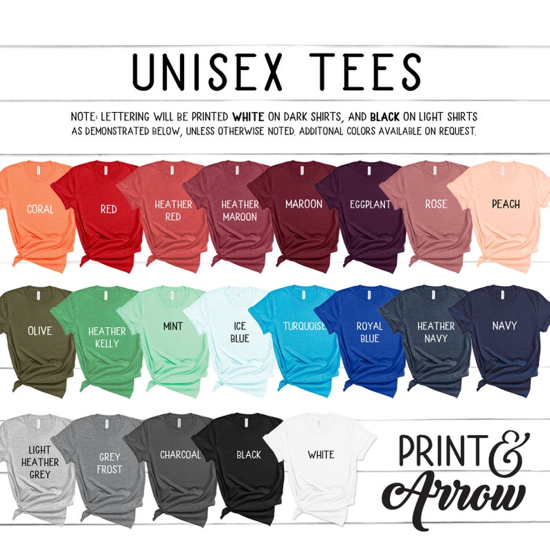 May include: A chart showing various unisex t-shirt colors, including coral, red, heather red, heather maroon, maroon, eggplant, rose, peach, olive, heather kelly, mint, ice blue, turquoise, royal blue, heather navy, navy, light heather grey, grey frost, charcoal, black, and white. The text "UNISEX TEES" is at the top of the chart. The text "PRINT & Arrow" is at the bottom right of the chart.