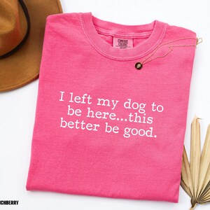 May include: A hot pink t-shirt with the text "I left my dog to be here...this better be good." A gold necklace with a black pendant rests on the shirt. A brown hat is visible in the background.