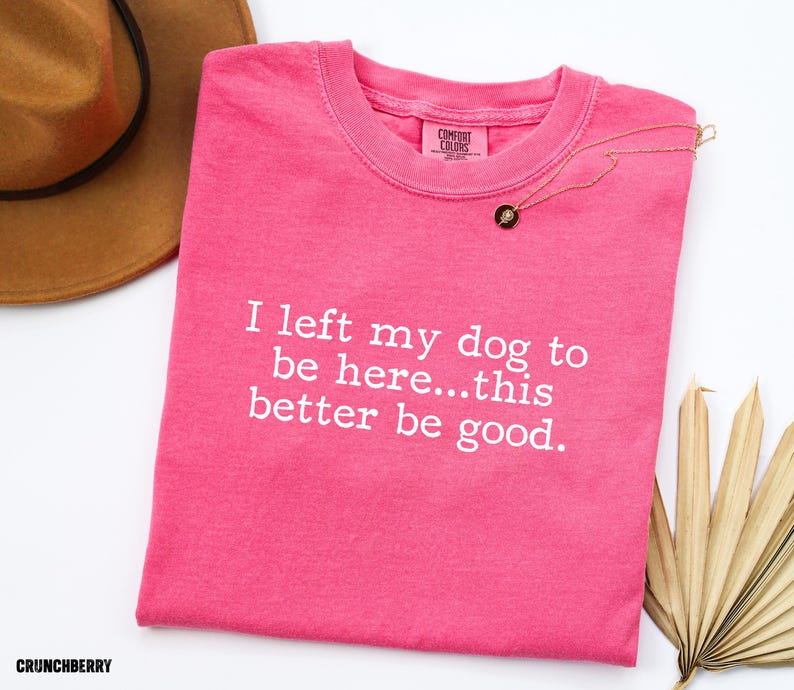 May include: A hot pink t-shirt with the text "I left my dog to be here...this better be good." A gold necklace with a black pendant rests on the shirt. A brown hat is visible in the background.