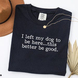 May include: Black crew neck t-shirt with the text "I left my dog to be here...this better be good." A gold necklace and a brown hat are also in the image. A dried palm leaf is in the bottom right corner.