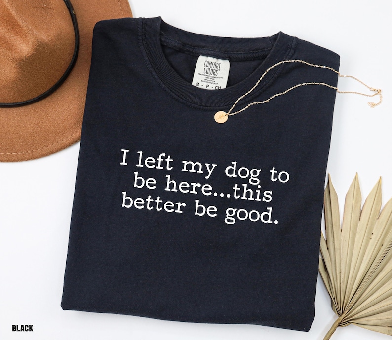 May include: Black crew neck t-shirt with the text "I left my dog to be here...this better be good." A gold necklace and a brown hat are also in the image. A dried palm leaf is in the bottom right corner.