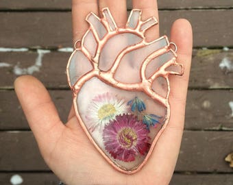 Small Clear Stained Glass Anatomical Heart with Real Pressed Flowers or Ferns