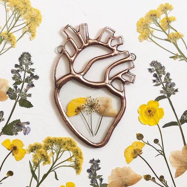 Small Clear Stained Glass Anatomical Heart with Real Pressed Flowers or Ferns