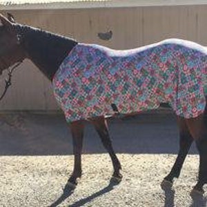 May include: A horse wearing a colorful patterned horse blanket with a geometric design. The blanket is pink, blue, green, and white.