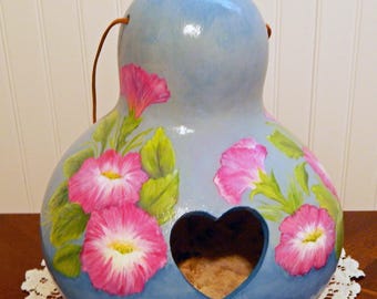 Hand-Painted Gourd Birdhouse. Pink Petunias. Home for Larger Birds. Garden Decor. Mother's Day Gift