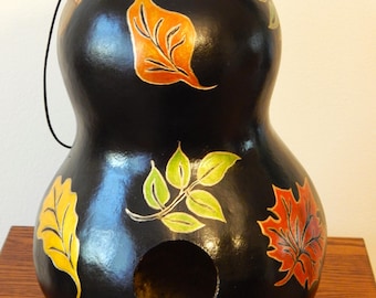 Gourd Birdhouse, Hand Painted and Carved, Autumn Leaves Design