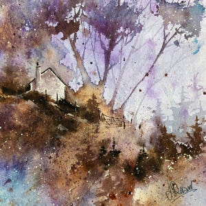 L'automne approche. Carte de voeux. Blanc à l'intérieur. 5 x 5 pouces. Imprimé à partir d'une aquarelle originale de Jim Dewar. Paysage écossais