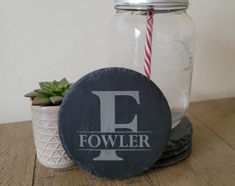 Custom Monogram Slate Coaster Set, Personalized Wedding Gift, Round Drink Coasters, Anniversary Gift