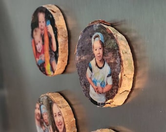 Personalized Wood Slice Photo Fridge Magnet, Rustic Family Gift