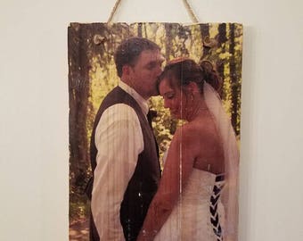 Personalized Rustic Wedding Photo on Wood, Anniversary Gift