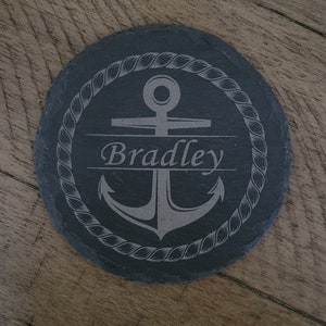 Custom Monogram Slate Coaster Set, Personalized Wedding Gift, Round Drink Coasters, Anniversary Gift Anchor