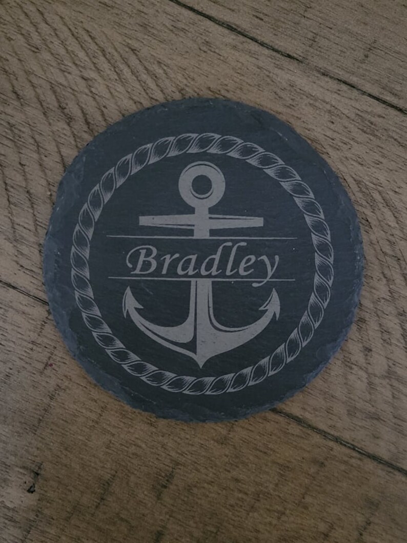 Custom Monogram Slate Coaster Set, Personalized Wedding Gift, Round Drink Coasters, Anniversary Gift Anchor