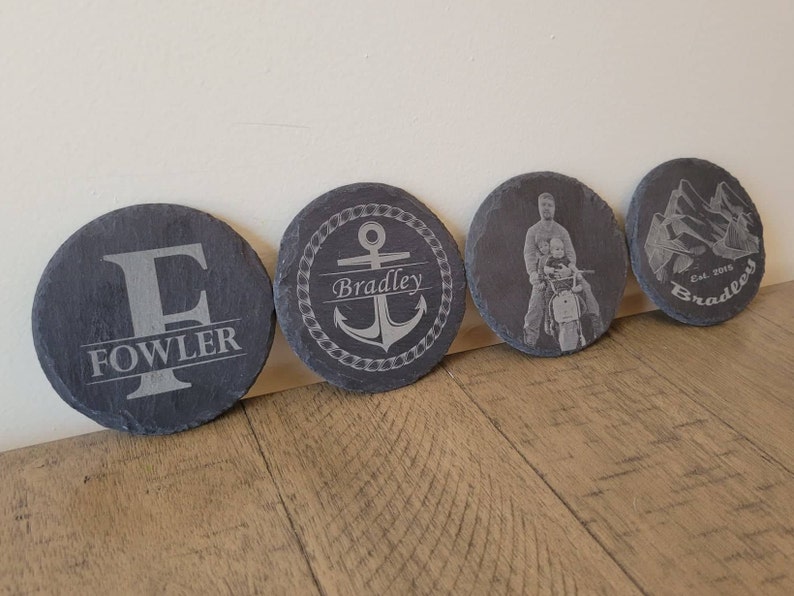 Custom Monogram Slate Coaster Set, Personalized Wedding Gift, Round Drink Coasters, Anniversary Gift image 2