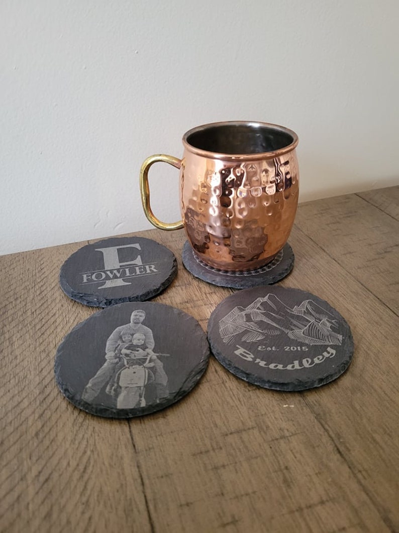 Custom Monogram Slate Coaster Set, Personalized Wedding Gift, Round Drink Coasters, Anniversary Gift image 5