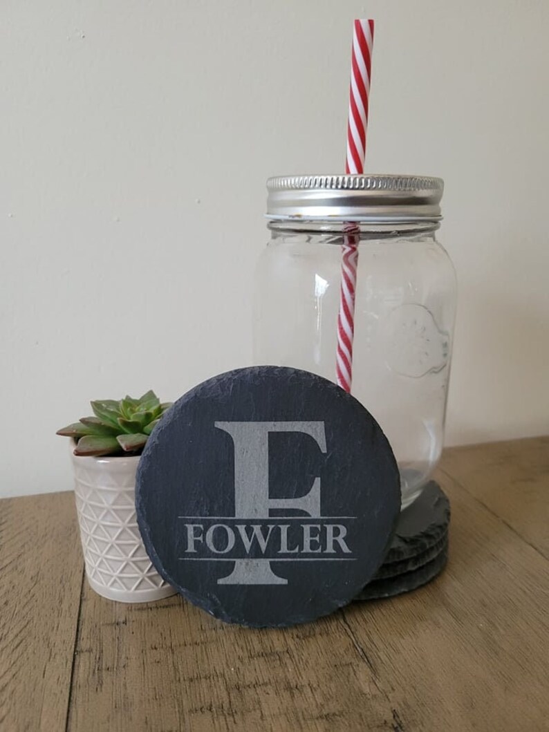 Custom Monogram Slate Coaster Set, Personalized Wedding Gift, Round Drink Coasters, Anniversary Gift Monogram