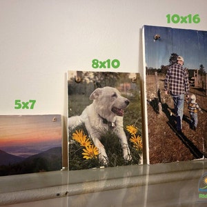 May include: Three wooden photo frames with different sizes and images. The smallest frame is 5x7 inches and shows a sunset over mountains. The middle frame is 8x10 inches and shows a white dog lying in a field of yellow flowers. The largest frame is 10x16 inches and shows a man and a child walking in a field.
