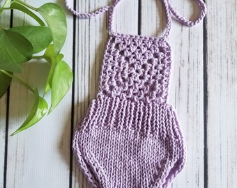 Purple Newborn Knit Romper, Knit Prop Outfit, Granny Square Newborn Prop, Newborn Photography Prop Outfit