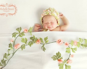 Knit Floral Bonnet, Newborn Spring Bonnet, Knit Bonnet, Baby Bonnet, Easter Bonnet, Knit Newborn Prop, Spring Prop