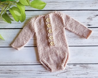 Pink Newborn Knit Bodysuit, Knit Photography Prop, Newborn Outfit, Long Sleeved Newborn Outfit