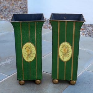 Vintage Pair of Green Tole Footed Cache Pots