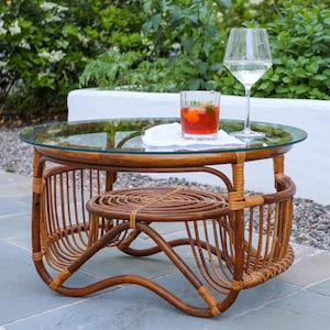 Vintage Italian Bentwood and Rattan Table with Circular Glass Top in the Style of Franco Albini, 1960s Mid Century