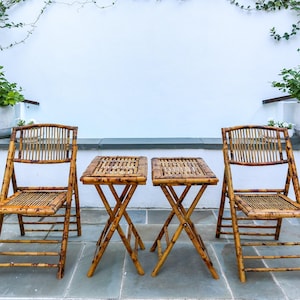 Vintage Bamboo Patio Set, Burnt Tortoiseshell Folding Chairs and Tables, Midcentury Style - Four Pieces (4)