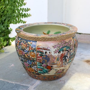 Large 13" Vintage Fishbowl Porcelain Planter, Japanese Satsuma Style