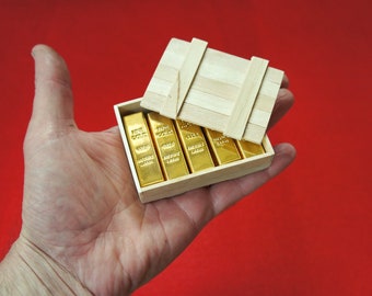 1/6 Scale Miniature Gold Bullion Bars (10 pcs) and Wooden Crate