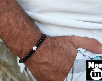 Mens Onyx Beaded Cross Bracelet, Religious Gift