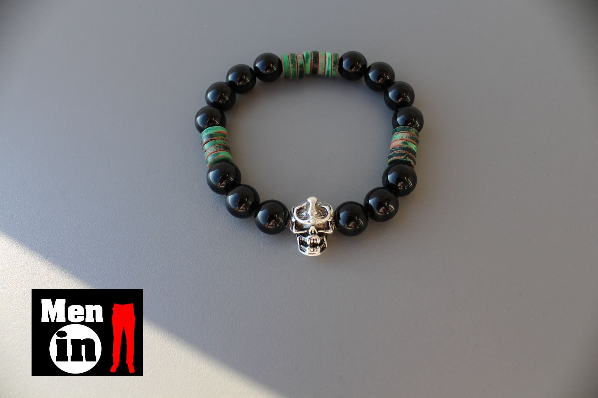 Skull Bracelet, Men Black Bracelet, Mens Onyx Bracelet, Man Skull Bracelet, Birthday Gift, Onyx