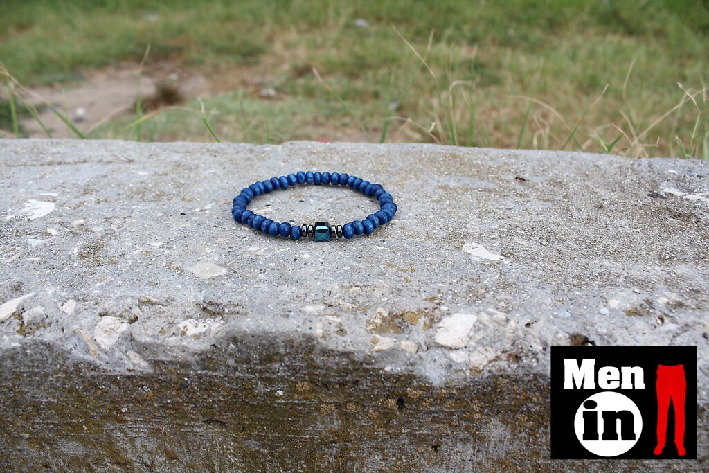 Men's Blue Bracelet, Hematite Bracelet, Wooden Bracelet, Crystal