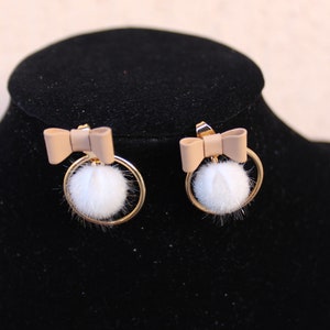 Stud Fluffy Earrings, Sweet Ribbon Earrings, Gold Stud Earrings, Fluffy Earrings with Ribbon, Gold Ribbon Earrings, Ellegant Earrings