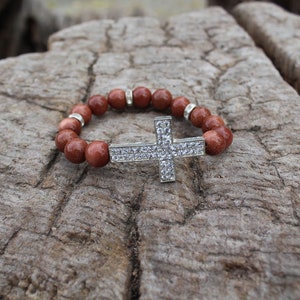 Women  Cross Bracelet, Goldstone Aventurine Jewelry, Christian Bracelet, Woman Jewelry, Gold Sandstone Bracelet, Women Gemstone Bracelet