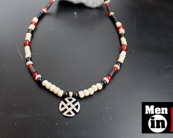 Men's Wood Bead Necklace, Celtic Cross Pendant, Unisex Jewelry