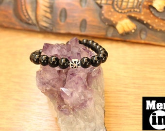 Men's Onyx Bracelet with Silver Cross Bead, Christian Jewelry