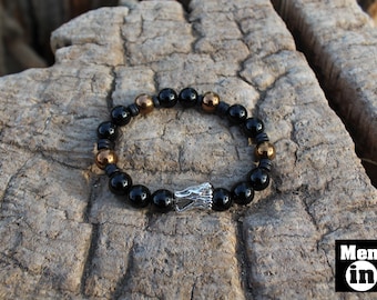 Mens Wolf Bracelet, Black Onyx, Gold Hematite, Silver Wolf Head