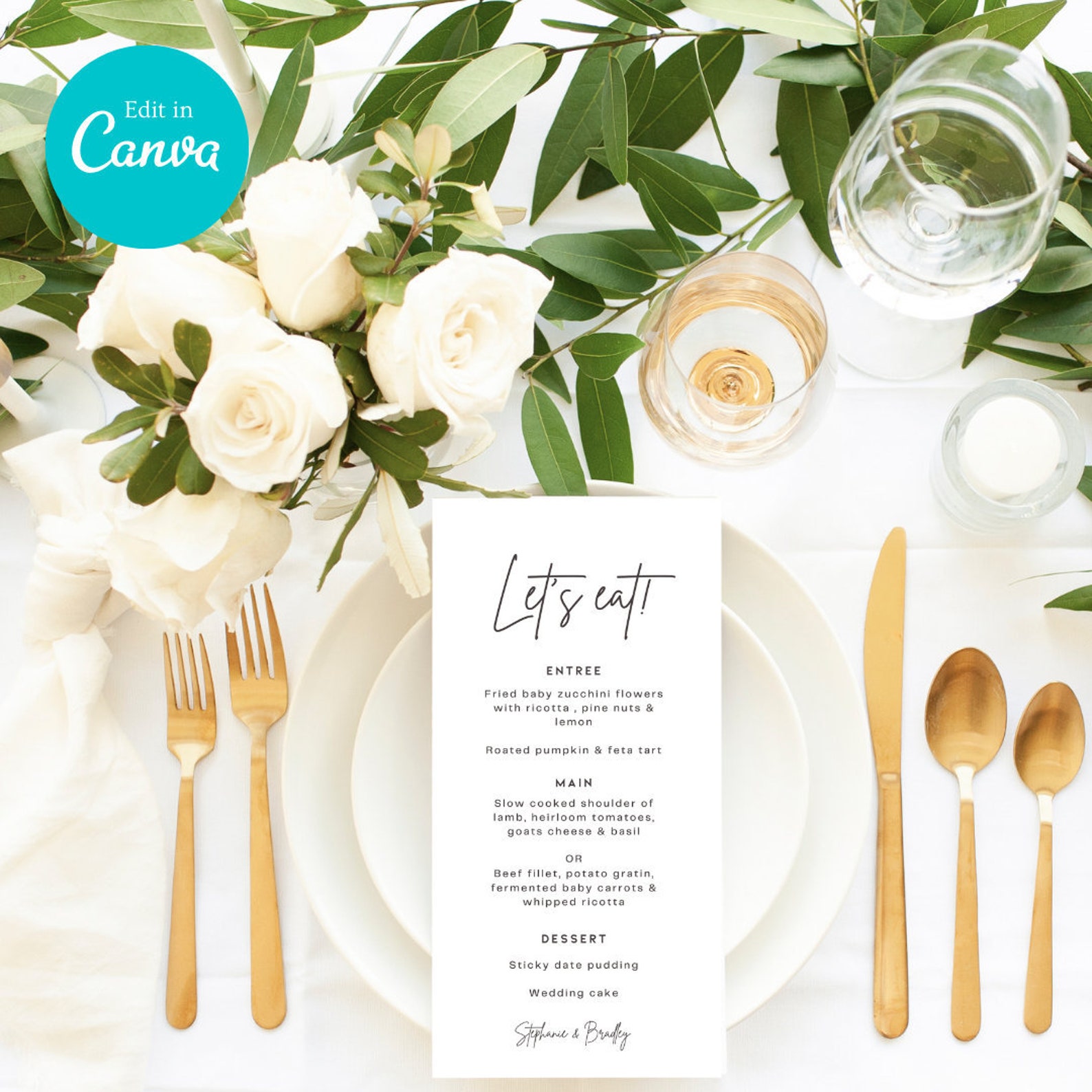 White Editable Wedding Menu Canva Wedding Template Black And Etsy