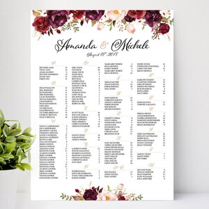 Plan de salle de mariage, plan de salle par ordre alphabétique, modèle de plan de salle, devoir de mariage, affiche de plan de salle, décoration de mariage, enseignes