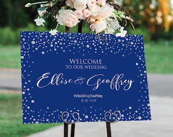 Wedding Welcome Sign, Sliver Confetti, Sliver Wedding Sign, Navy and Sliver Wedding, Winter Wedding sign, Engagement sign, Anniversary sign