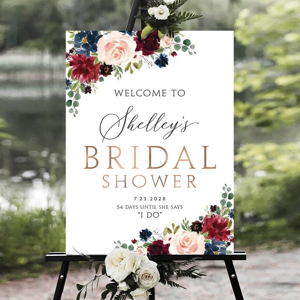 Bridal Shower sign, Burgundy Bridal Shower, Bridal shower decoration, Burgundy and Navy Welcome sign, Wedding sign, Bridal shower Invitation