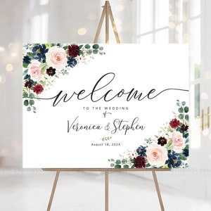 Cartello di benvenuto per matrimonio, cartello per matrimonio, decorazione blu navy, matrimonio blu navy, invito per matrimonio, decorazione per matrimonio blu navy, matrimonio bordeaux
