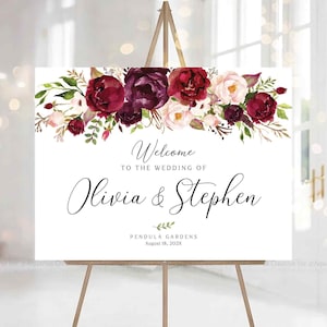 Cartello di benvenuto per matrimonio, poster di benvenuto per matrimonio, cartello per matrimonio bordeaux, decorazioni autunnali, festa di matrimonio, decorazione per matrimonio, poster stampabile