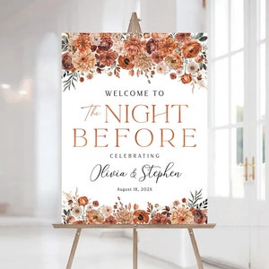 Cartel de la cena de ensayo, cena de ensayo de boda, decoraciones de boda de otoño, cartel de bienvenida de la cena de ensayo de otoño, naranja quemada, terracota